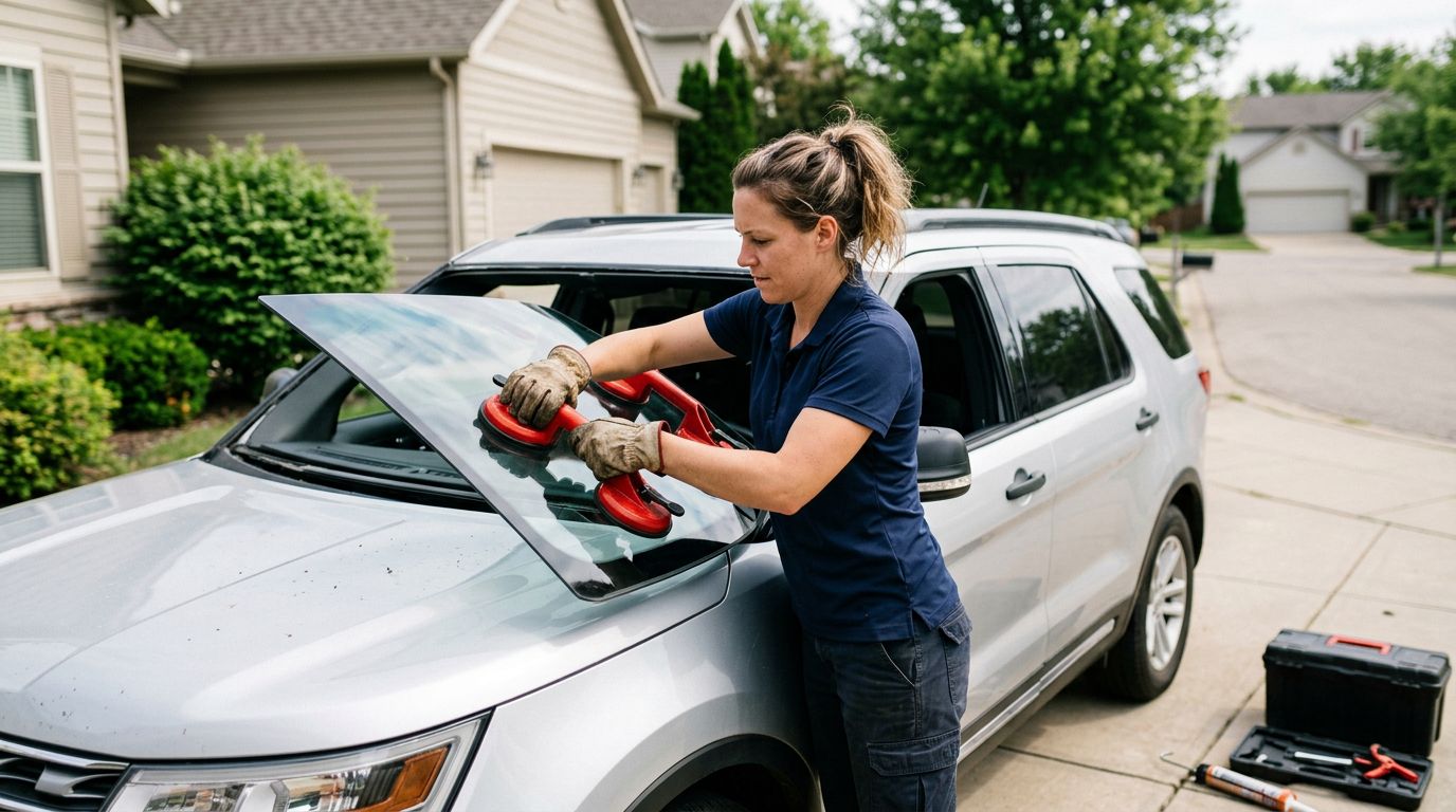Mobile auto glass technician installing a new windshield
