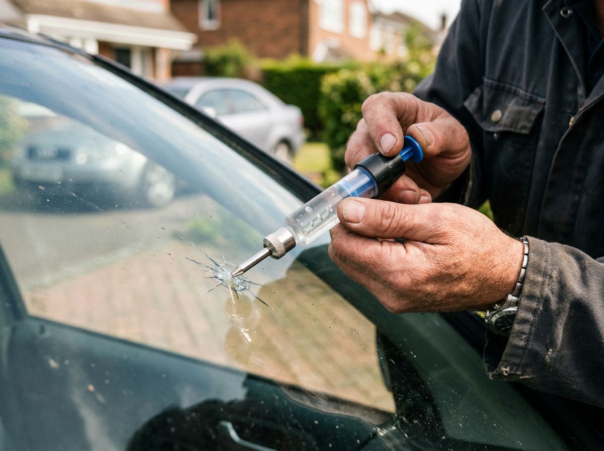 Technician using a resin tool to repair a chip in a windshield