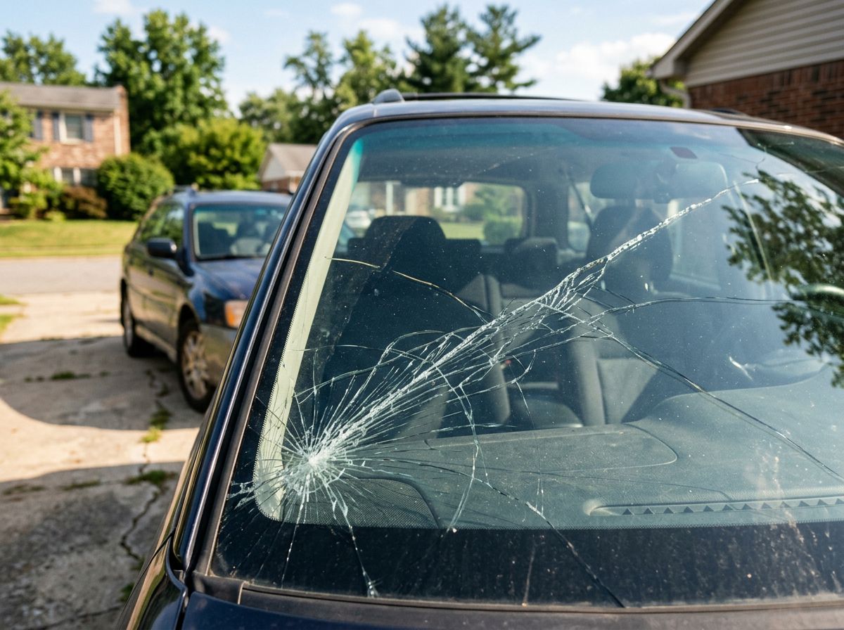 Cracked windshield with a long crack across the glass