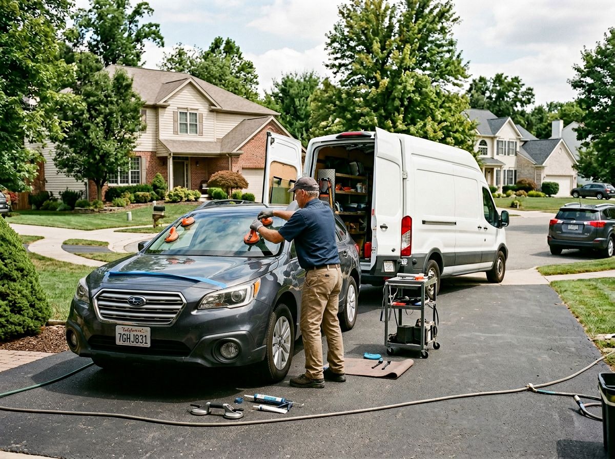 Service van parked at a residential driveway with a technician working on the vehicle