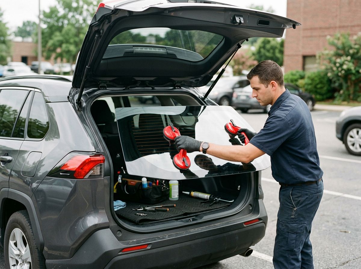 Technician installing a new rear windshield with defrost grid