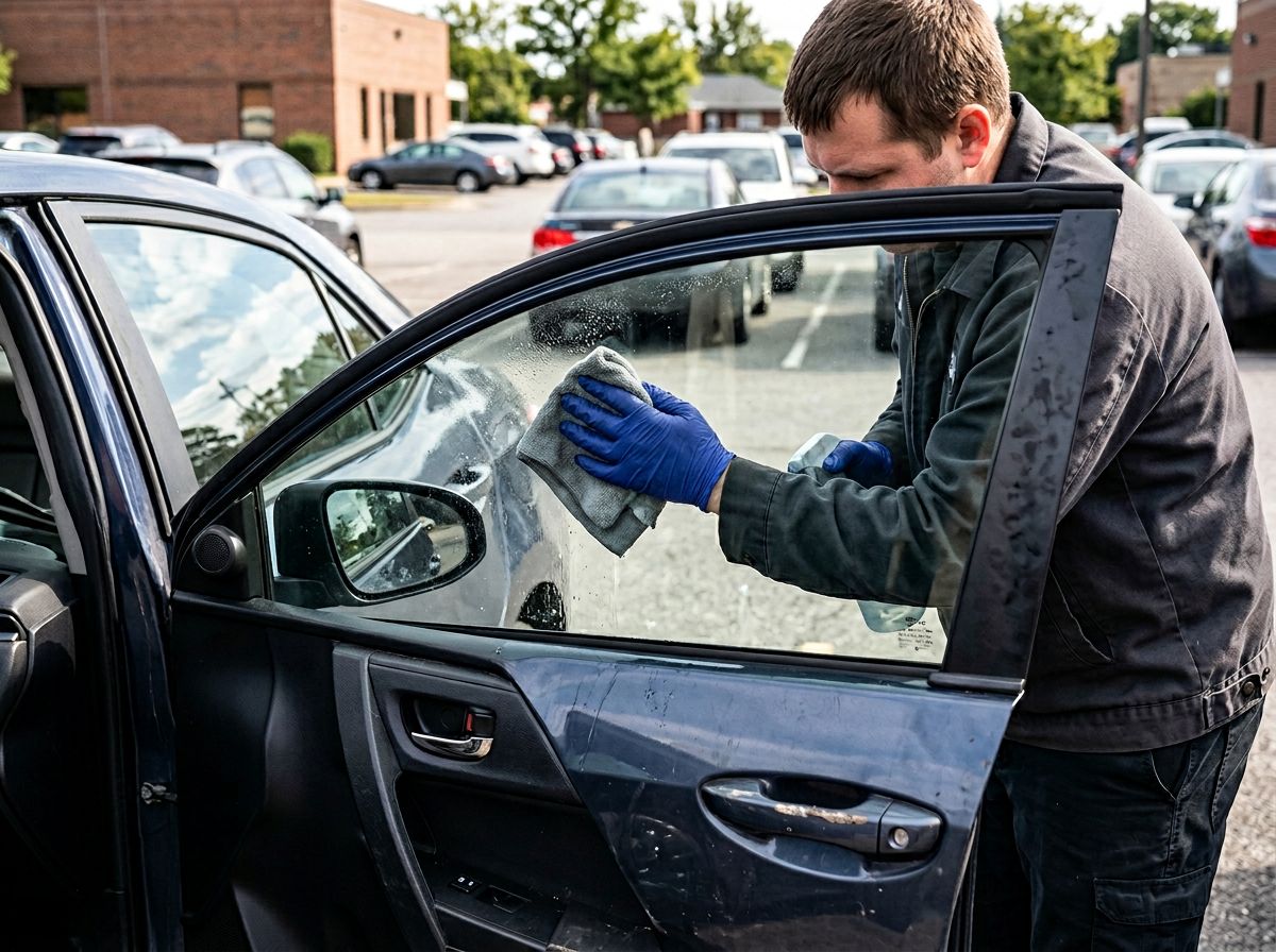 Newly installed driver side car window being cleaned