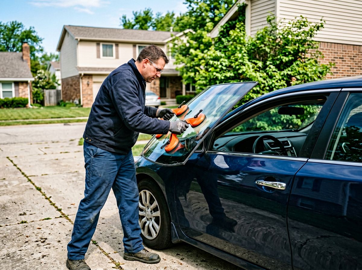 Auto glass technician installing a new windshield